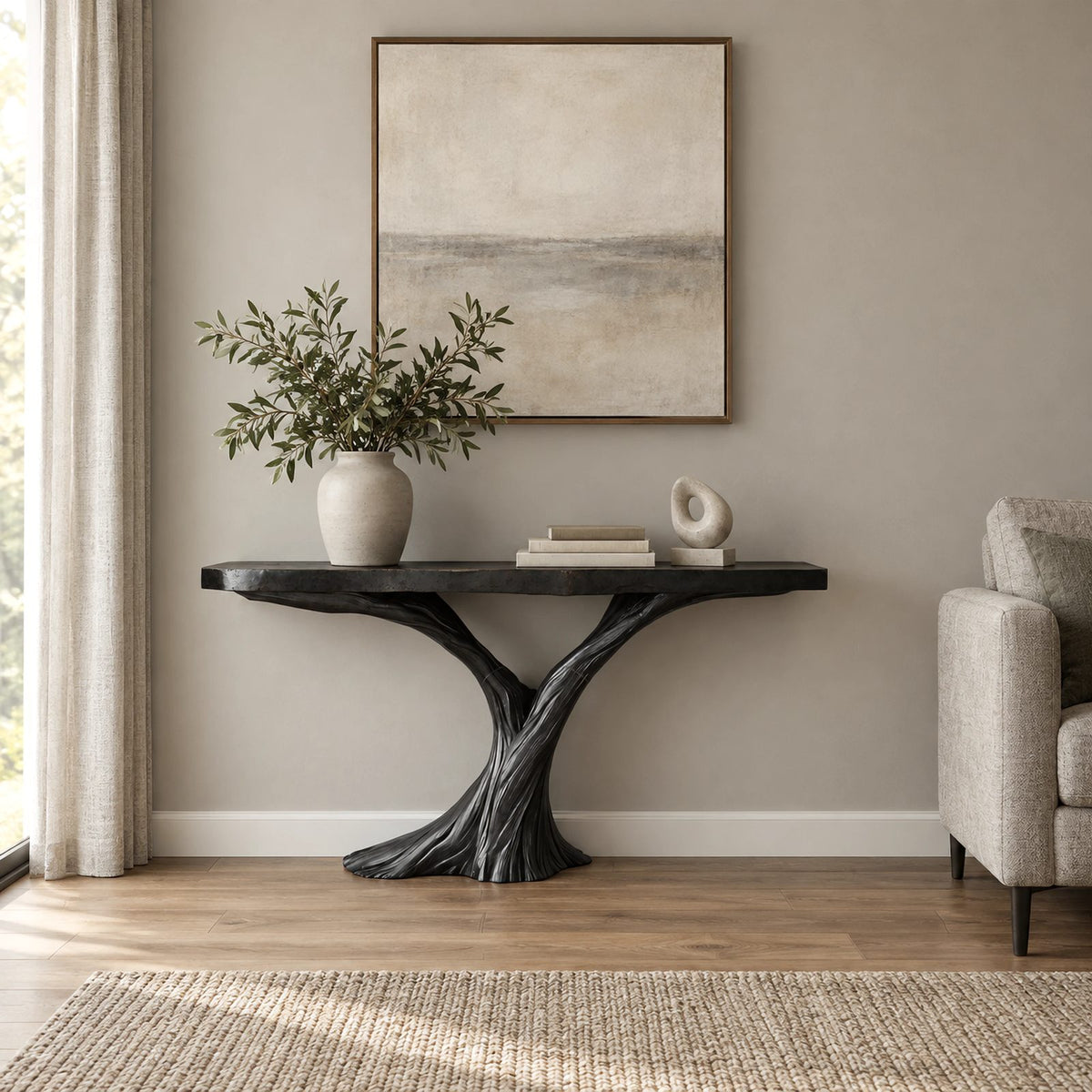 Sculptural Solid Wood Console Table With Twisted Trunk Base For Entryway