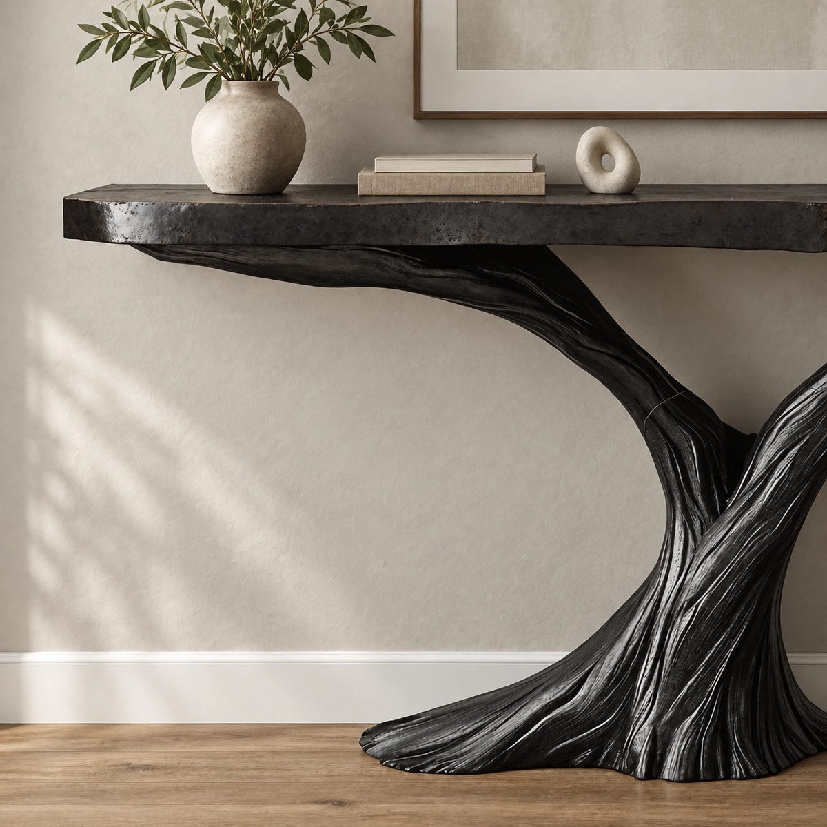 Sculptural Solid Wood Console Table With Twisted Trunk Base For Entryway