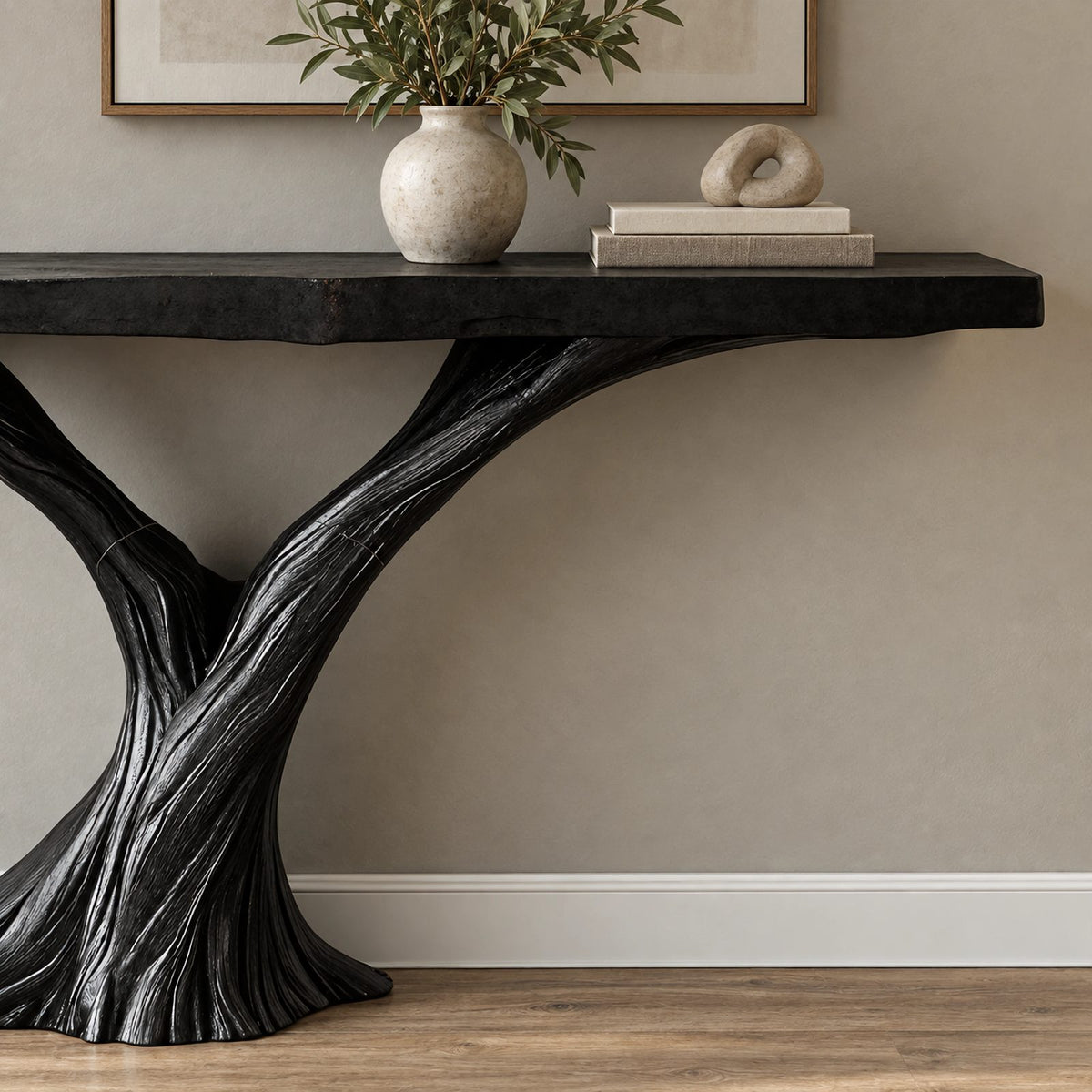 Sculptural Solid Wood Console Table With Twisted Trunk Base For Entryway