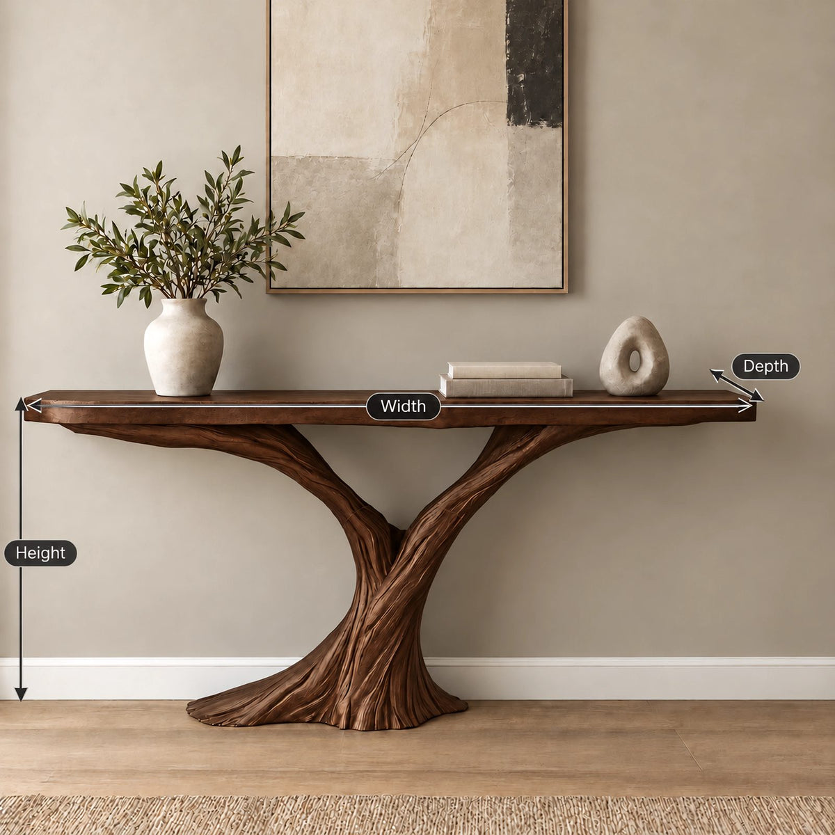 Sculptural Solid Wood Console Table With Twisted Trunk Base For Entryway