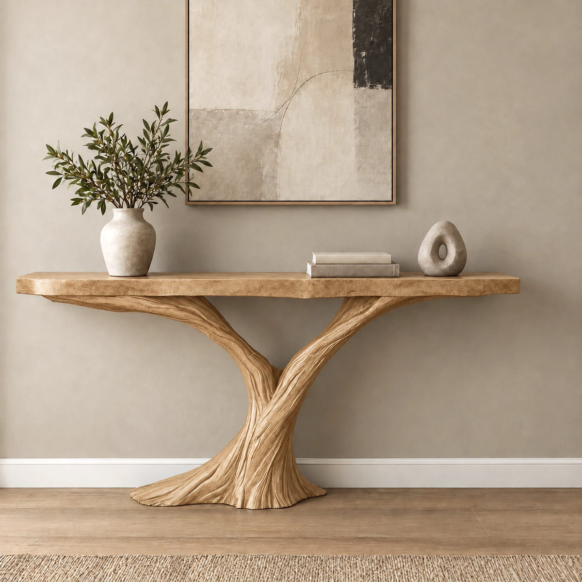 Sculptural Solid Wood Console Table With Twisted Trunk Base For Entryway
