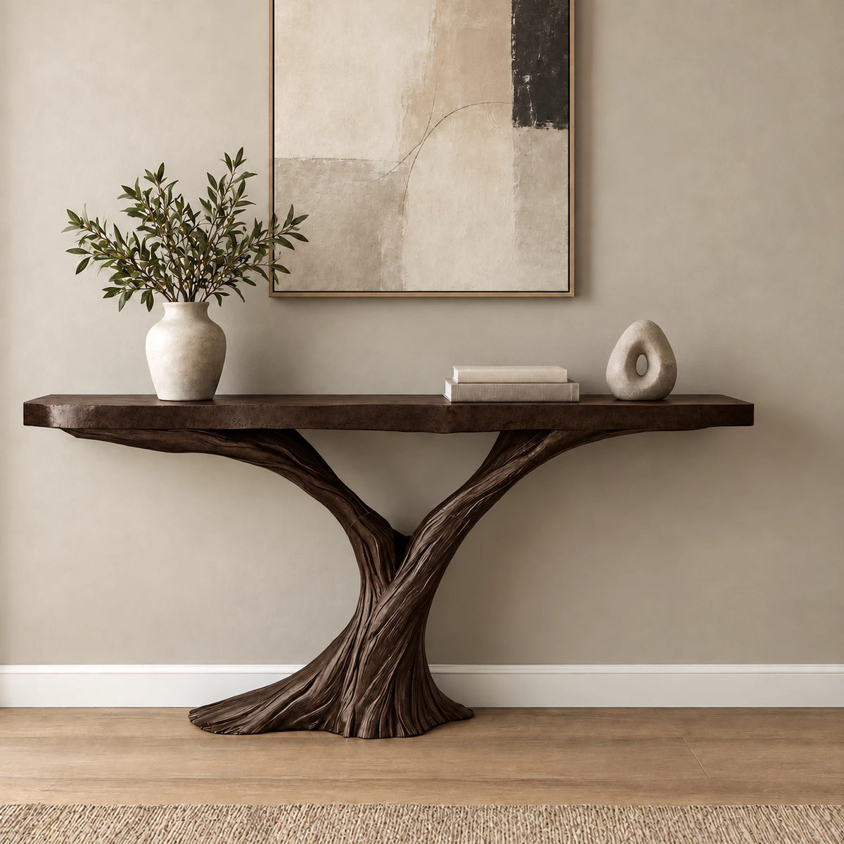 Sculptural Solid Wood Console Table With Twisted Trunk Base For Entryway