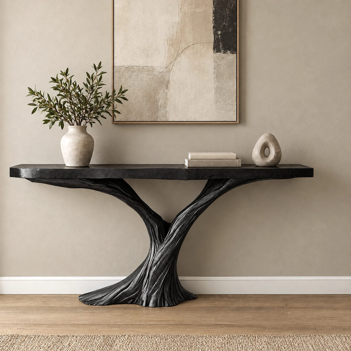 Sculptural Solid Wood Console Table With Twisted Trunk Base For Entryway
