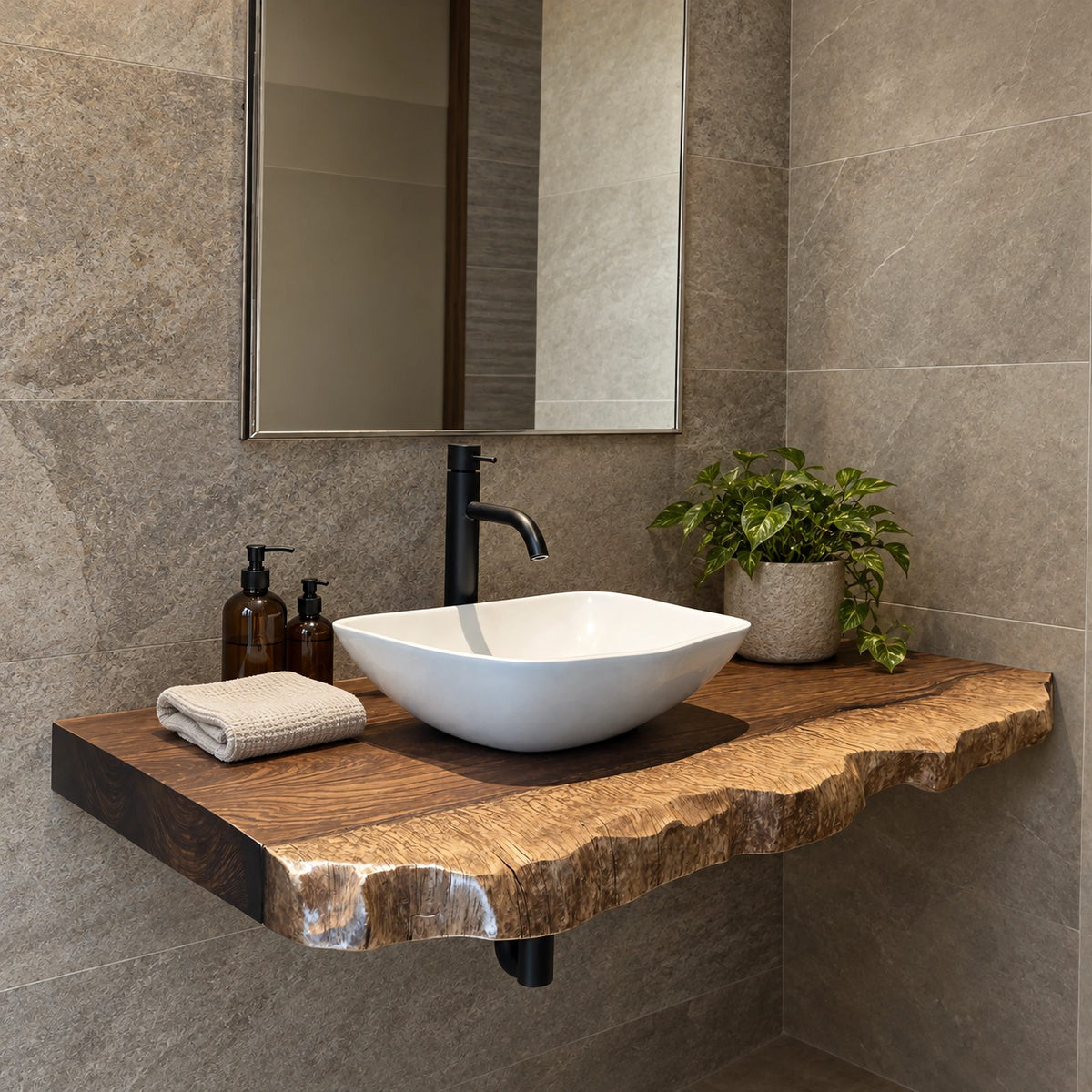 Modern Wooden Floating Bathroom Vanity Shelf With Wavy Live Edge