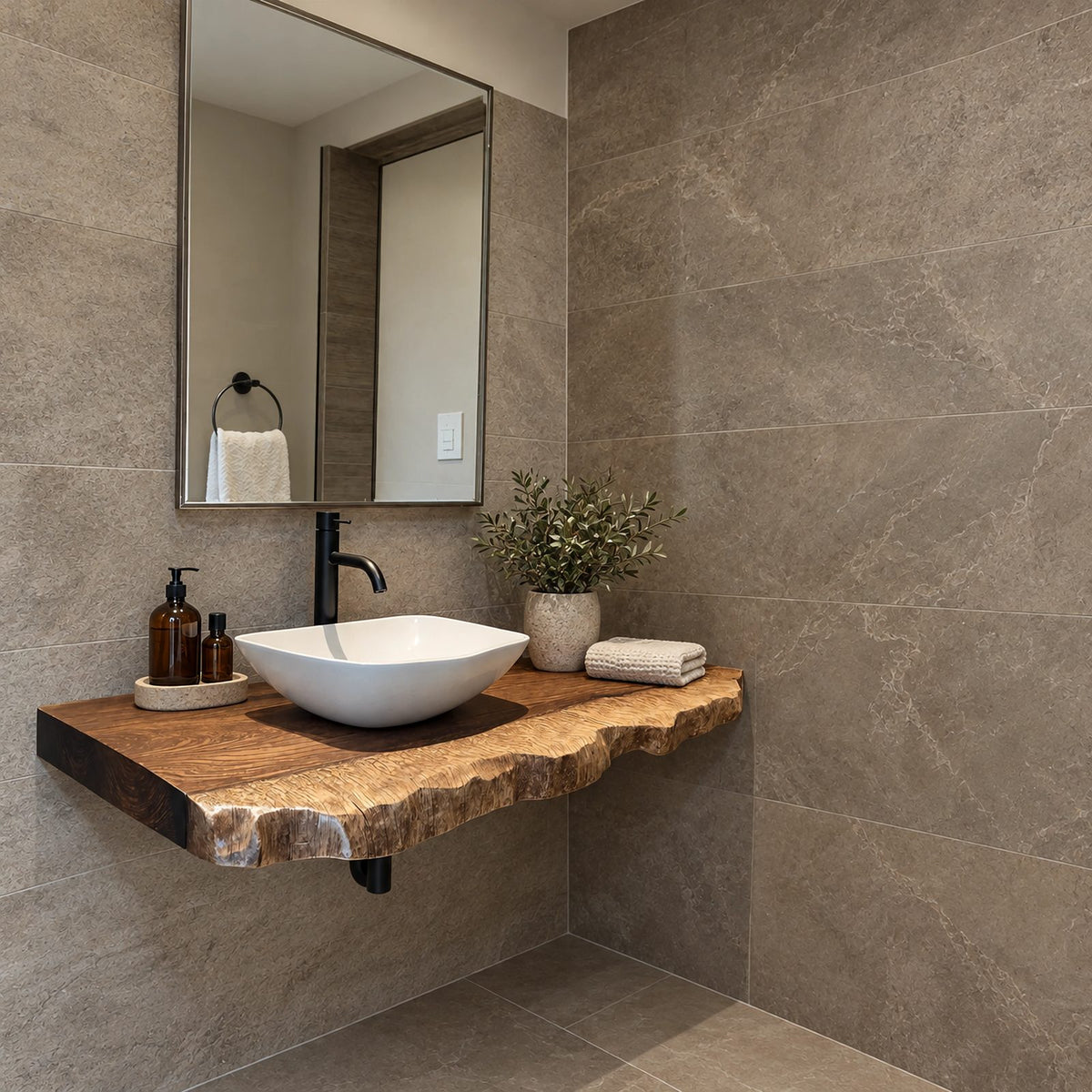 Modern Wooden Floating Bathroom Vanity Shelf With Wavy Live Edge