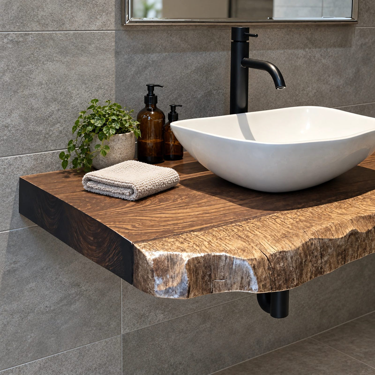 Modern Wooden Floating Bathroom Vanity Shelf With Wavy Live Edge