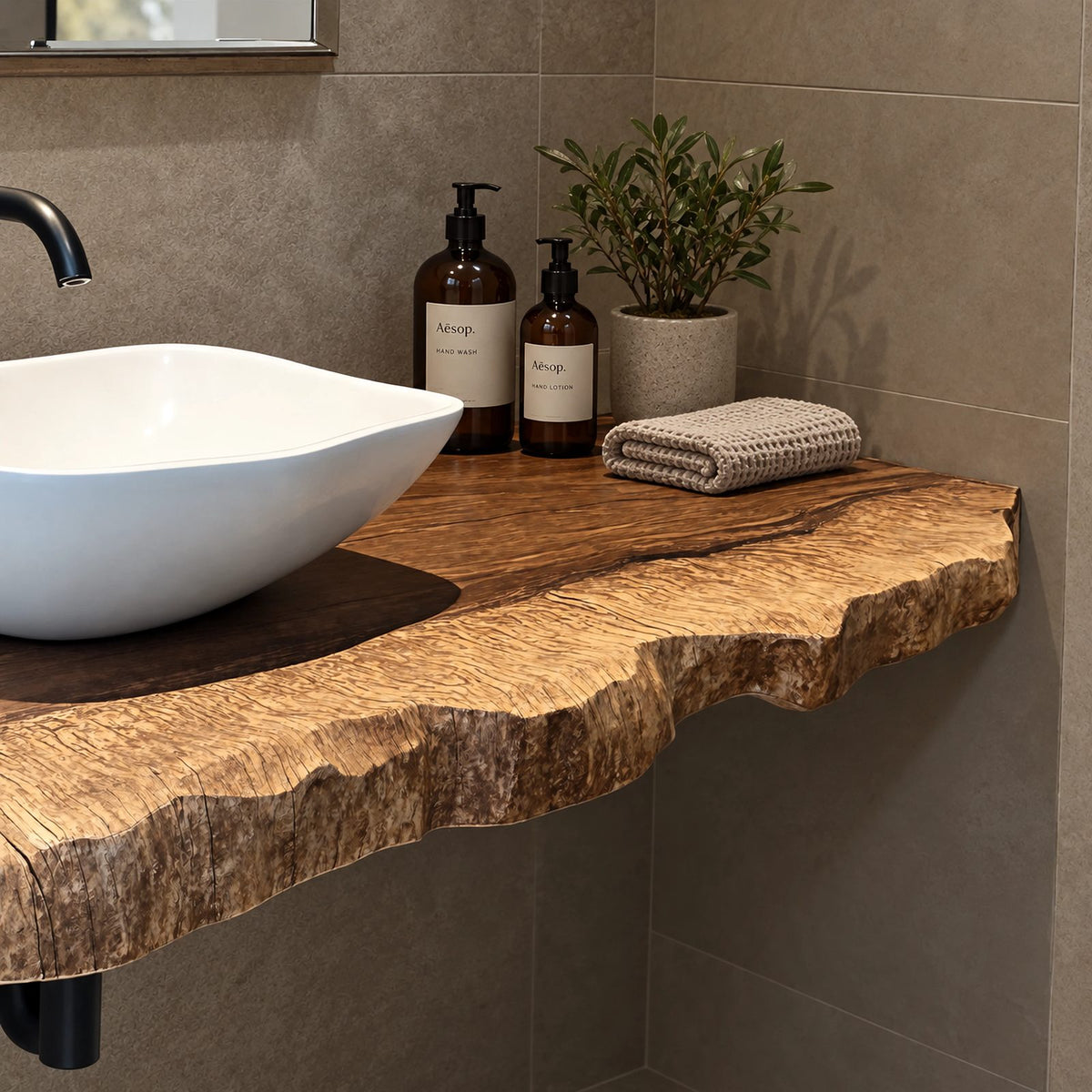 Modern Wooden Floating Bathroom Vanity Shelf With Wavy Live Edge