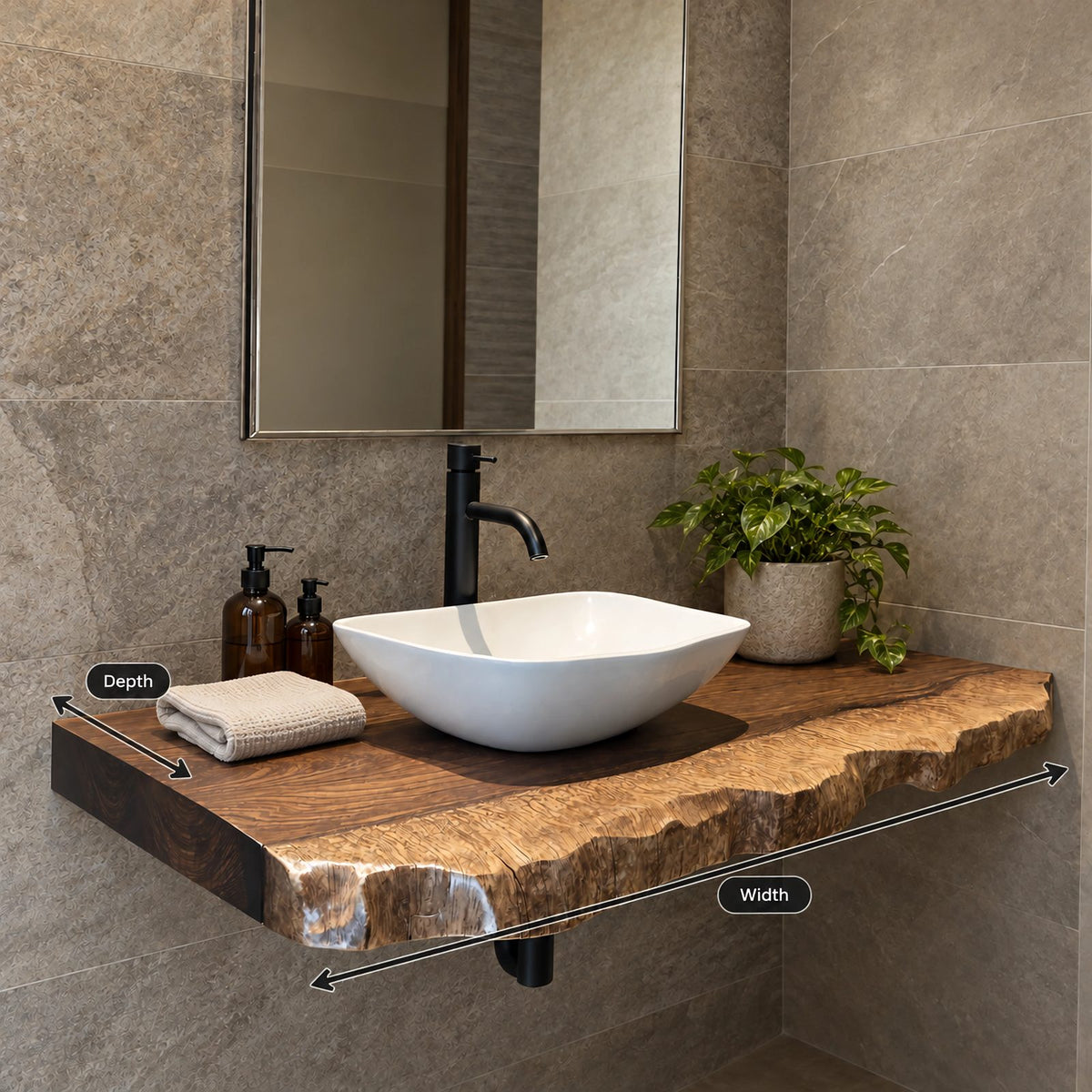 Modern Wooden Floating Bathroom Vanity Shelf With Wavy Live Edge