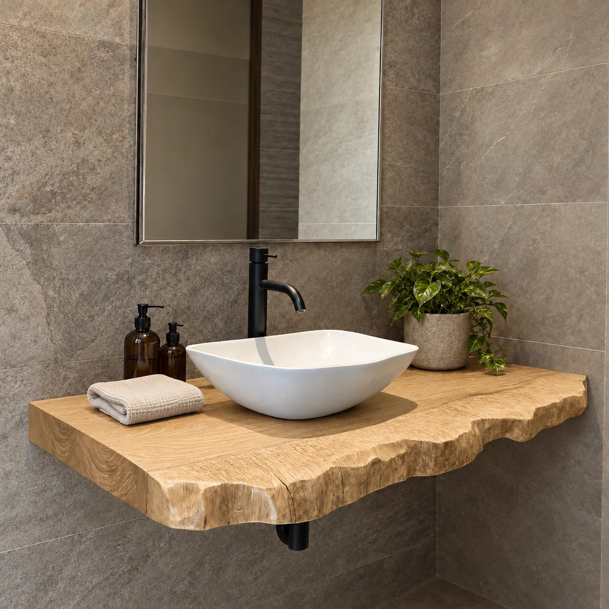 Modern Wooden Floating Bathroom Vanity Shelf With Wavy Live Edge
