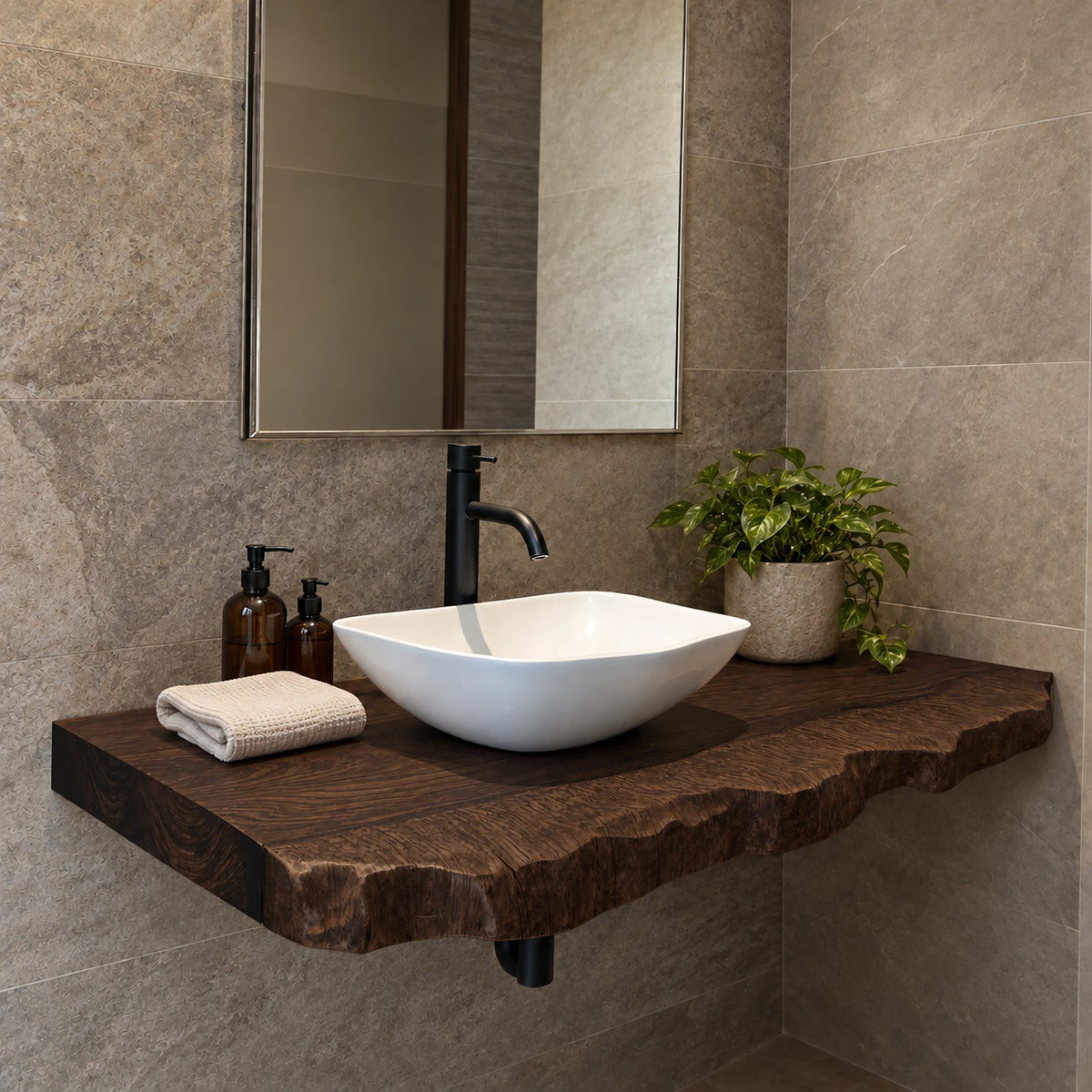 Modern Wooden Floating Bathroom Vanity Shelf With Wavy Live Edge