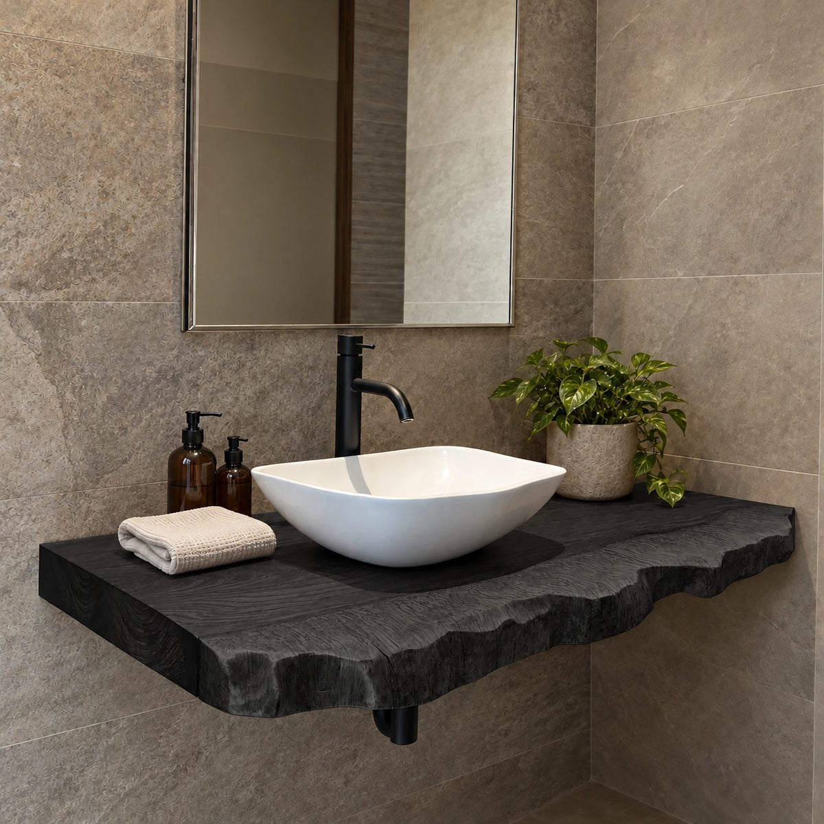 Modern Wooden Floating Bathroom Vanity Shelf With Wavy Live Edge