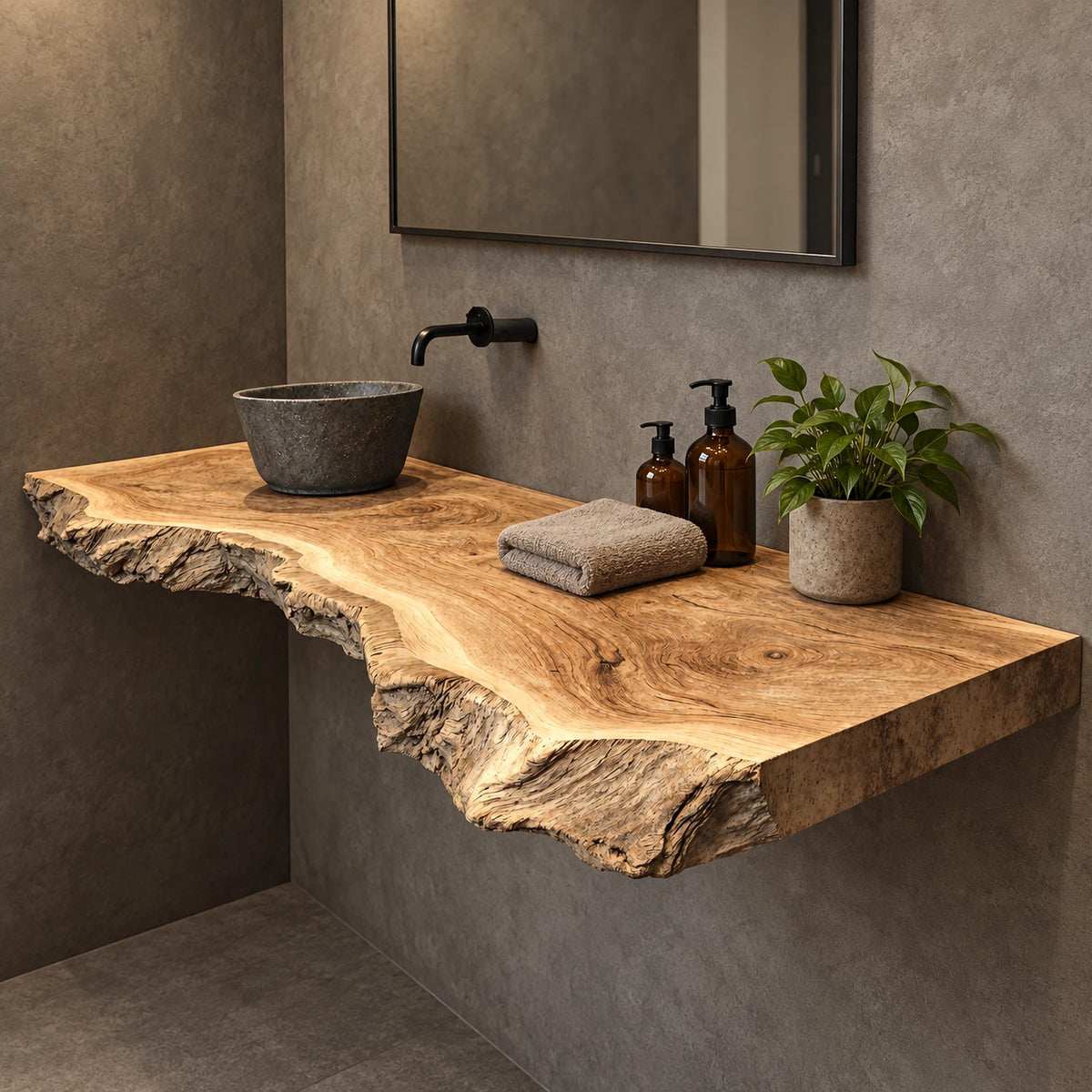 Handcrafted Thick Slab Floating Bathroom Vanity With Raw Live Edge