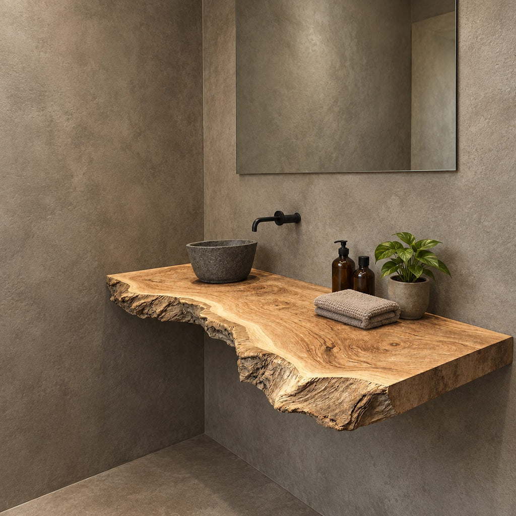 Handcrafted Thick Slab Floating Bathroom Vanity With Raw Live Edge