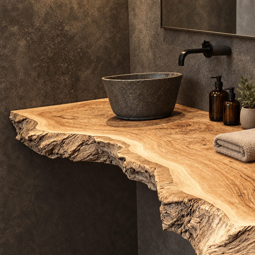 Handcrafted Thick Slab Floating Bathroom Vanity With Raw Live Edge