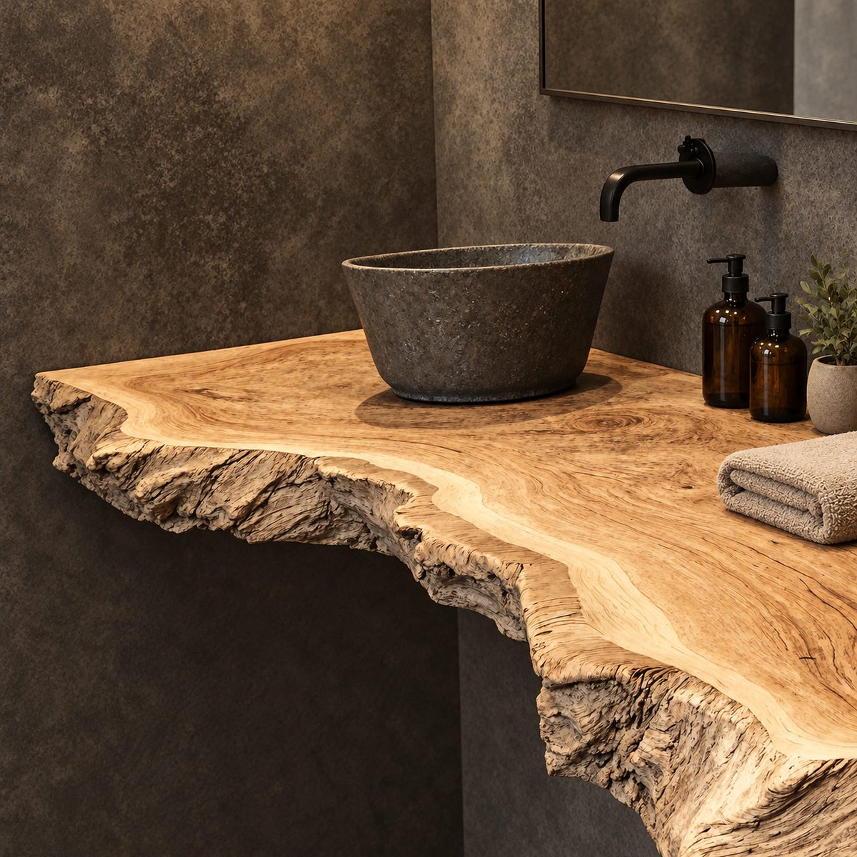 Handcrafted Thick Slab Floating Bathroom Vanity With Raw Live Edge