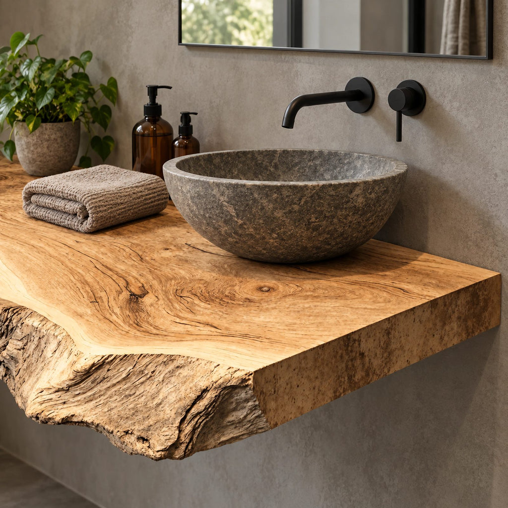 Handcrafted Thick Slab Floating Bathroom Vanity With Raw Live Edge
