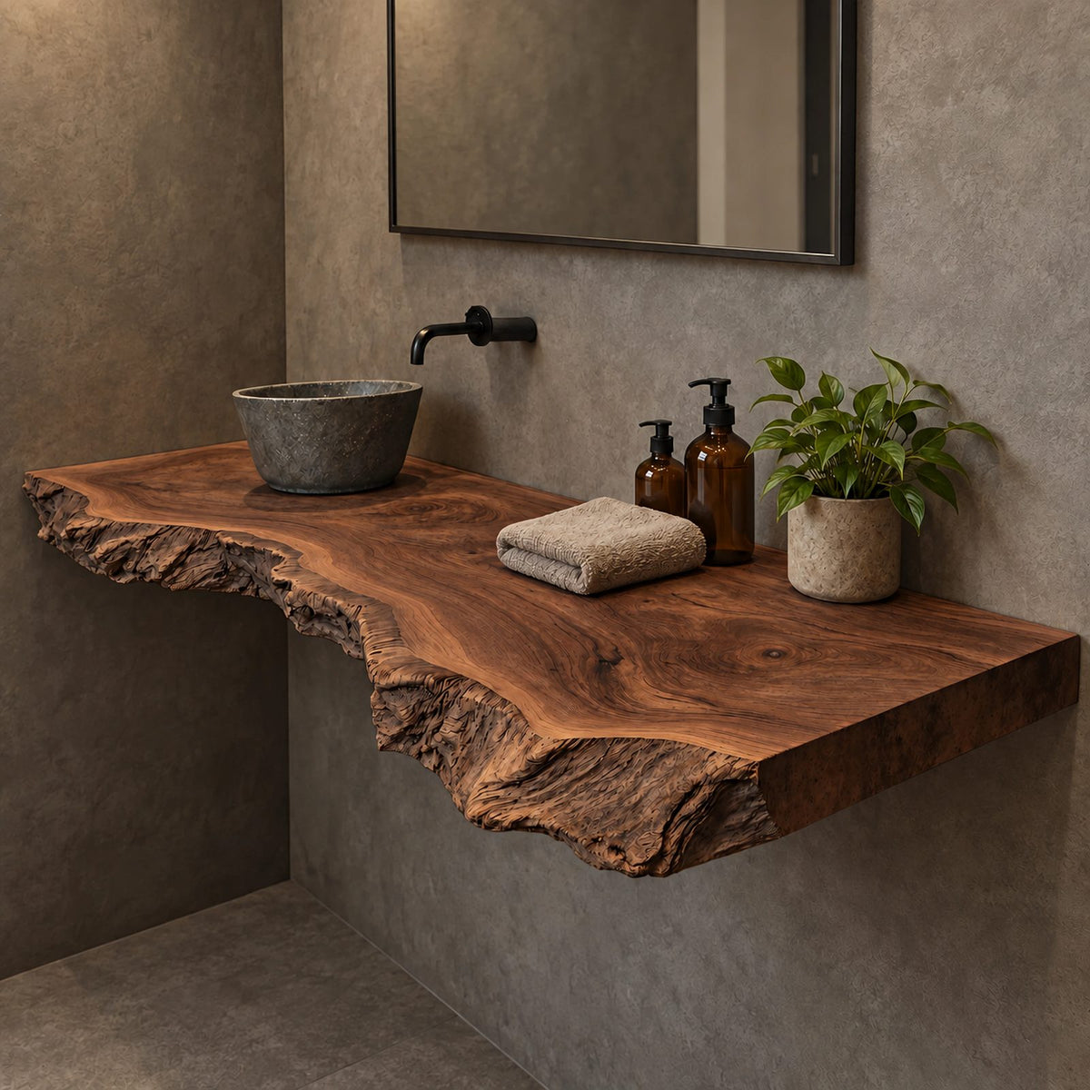 Handcrafted Thick Slab Floating Bathroom Vanity With Raw Live Edge