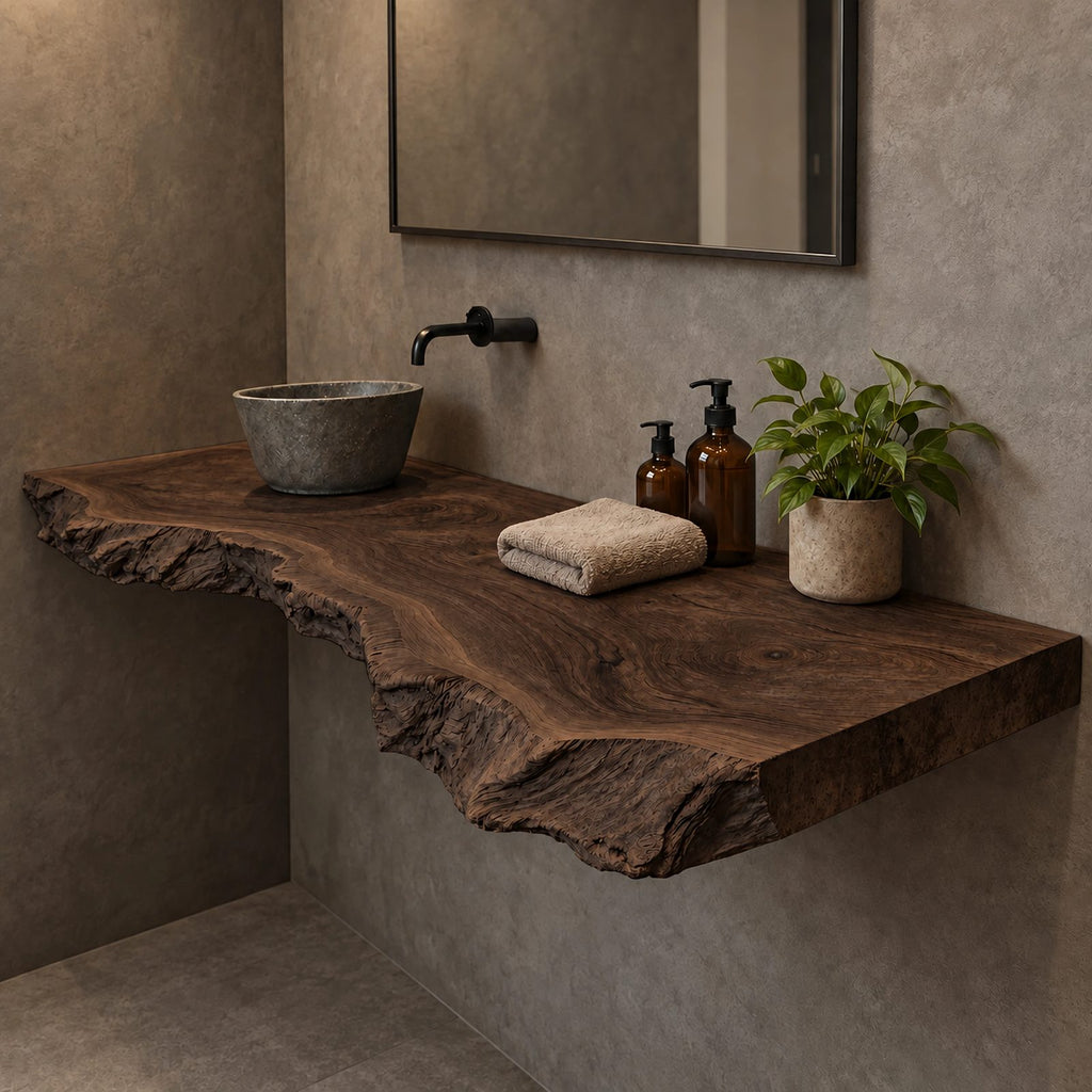Handcrafted Thick Slab Floating Bathroom Vanity With Raw Live Edge