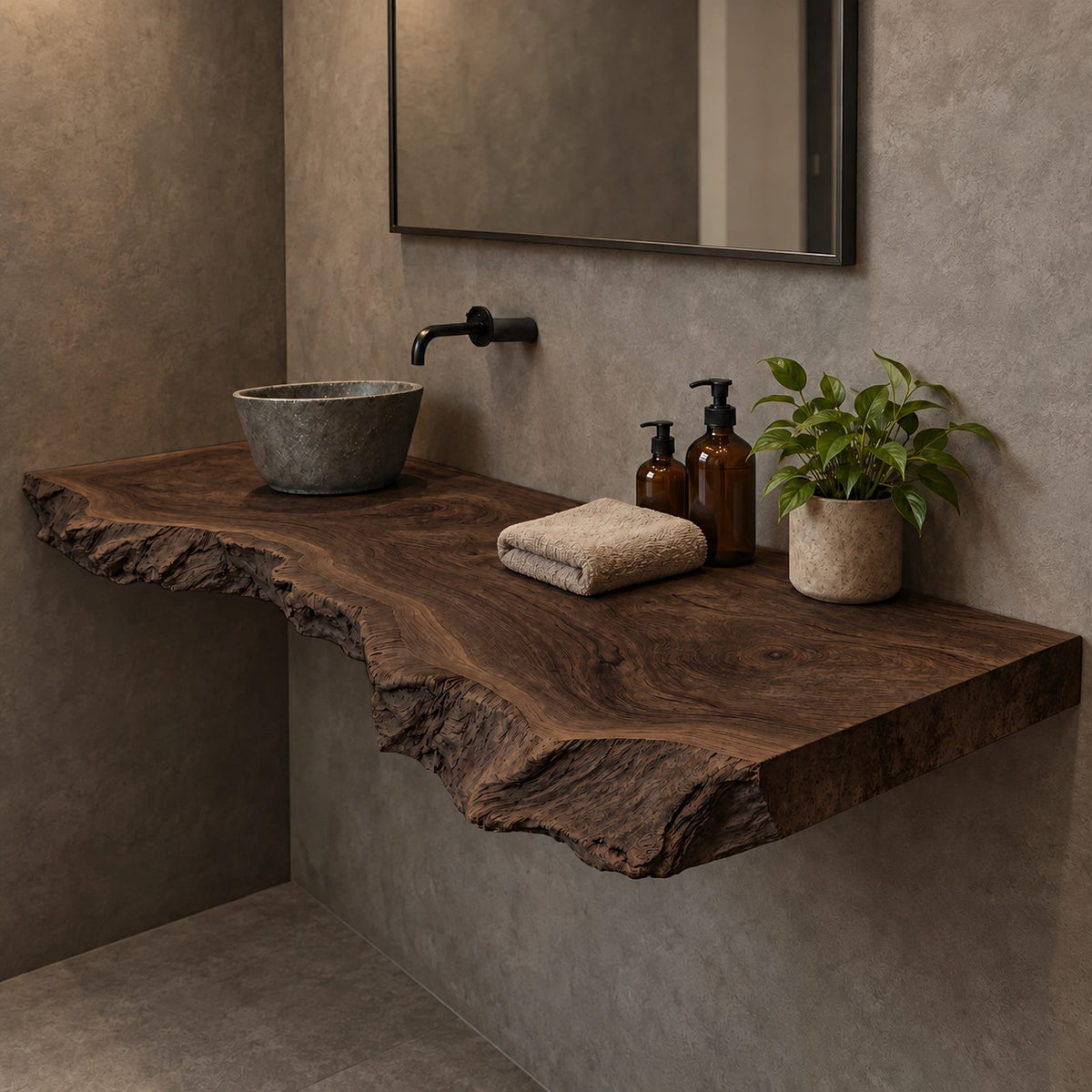 Handcrafted Thick Slab Floating Bathroom Vanity With Raw Live Edge
