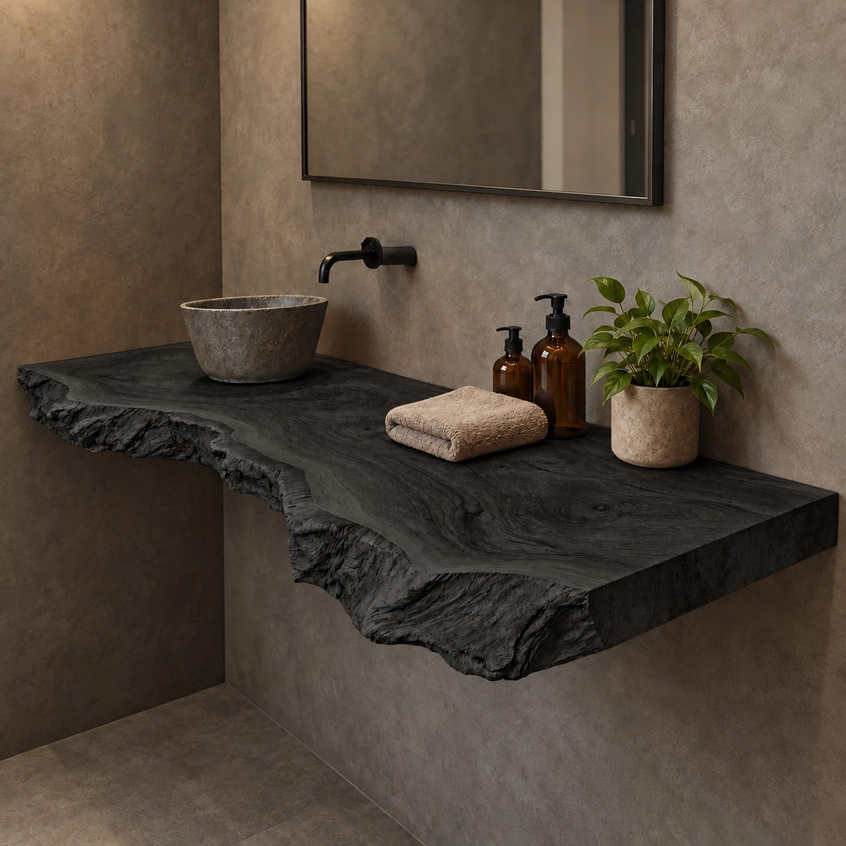 Handcrafted Thick Slab Floating Bathroom Vanity With Raw Live Edge