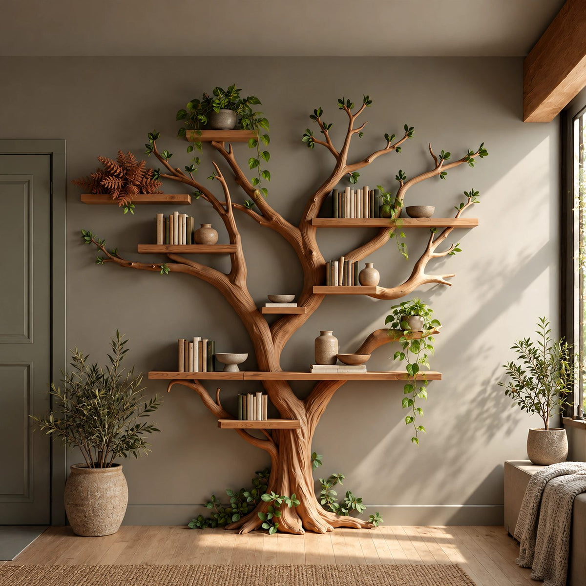 Rustic Driftwood Tree Bookshelf With Floating Branch Shelves For Living Room