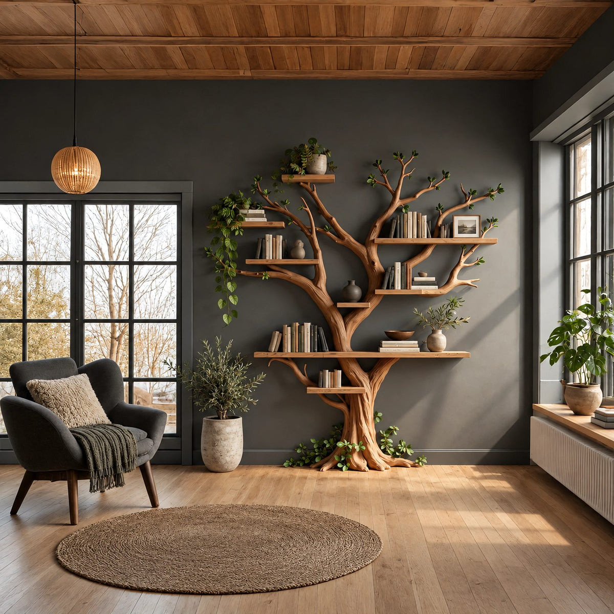 Rustic Driftwood Tree Bookshelf With Floating Branch Shelves For Living Room