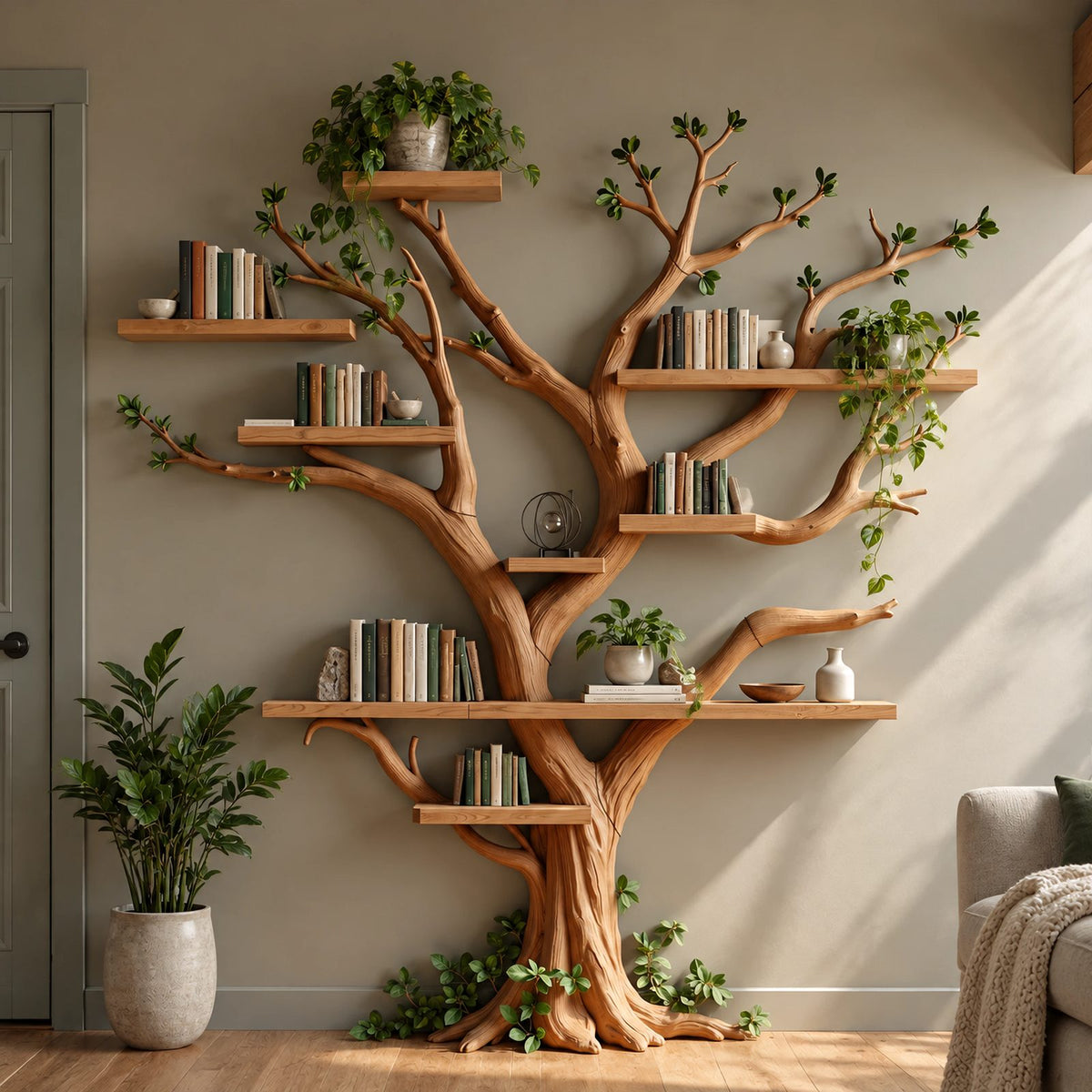 Rustic Driftwood Tree Bookshelf With Floating Branch Shelves For Living Room