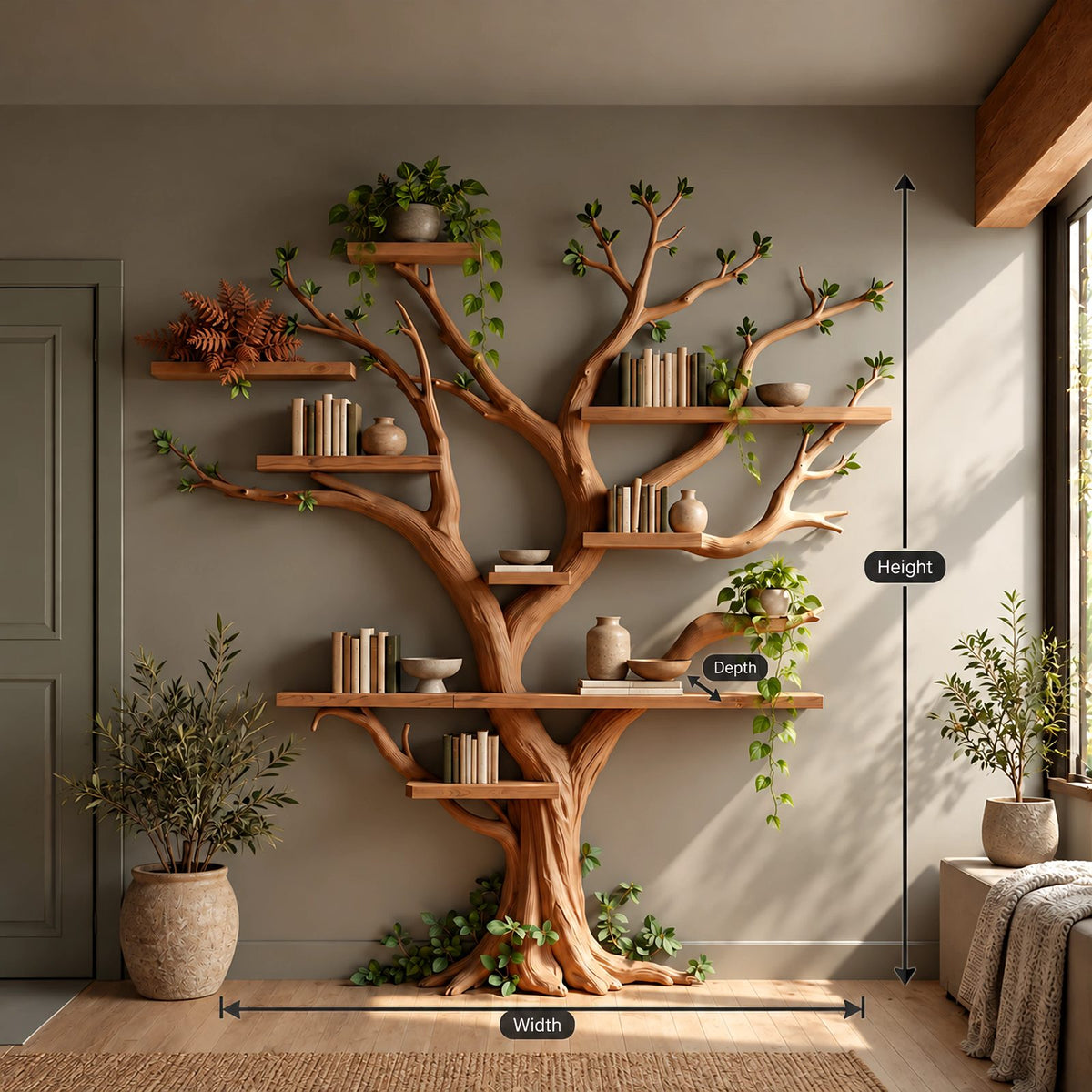 Rustic Driftwood Tree Bookshelf With Floating Branch Shelves For Living Room