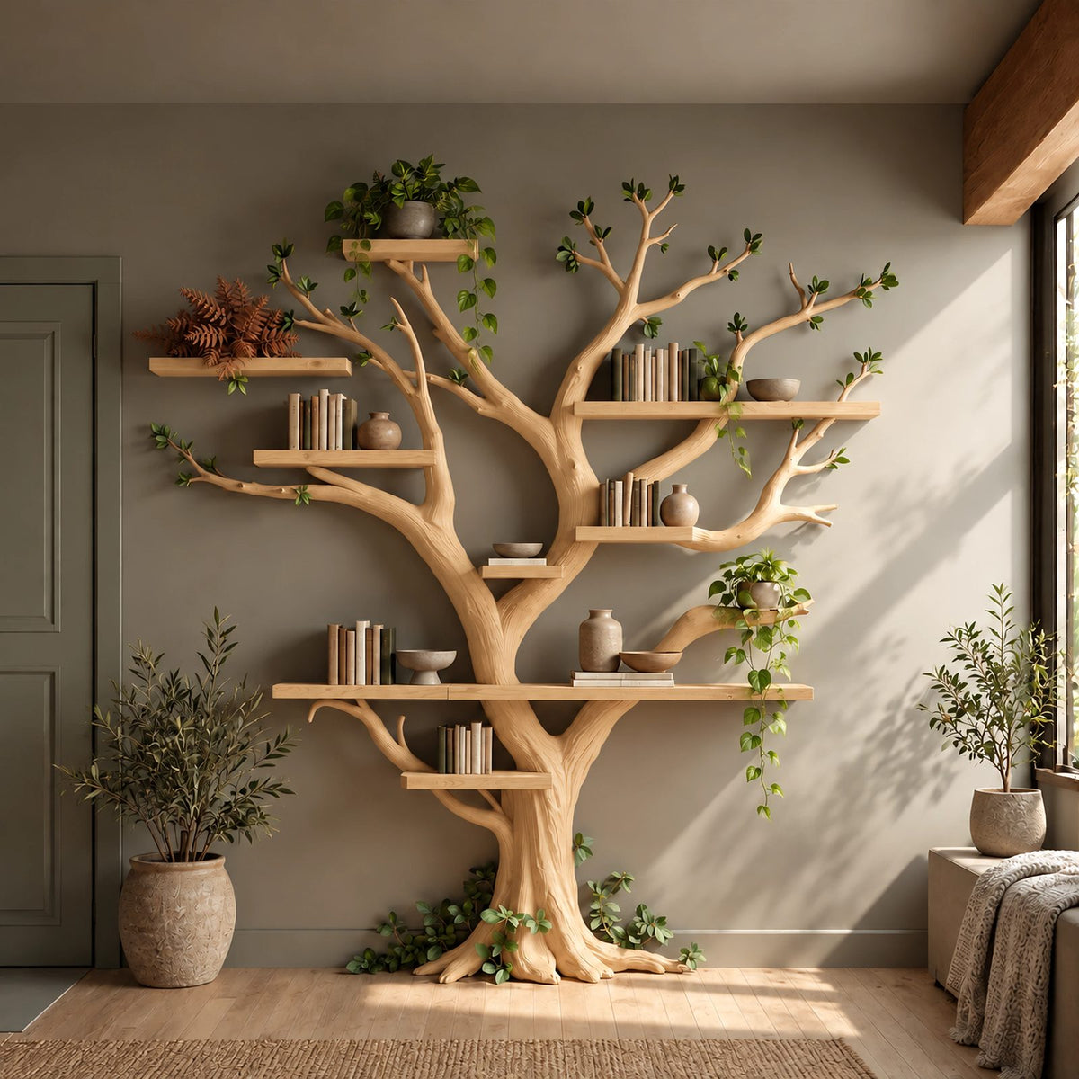 Rustic Driftwood Tree Bookshelf With Floating Branch Shelves For Living Room
