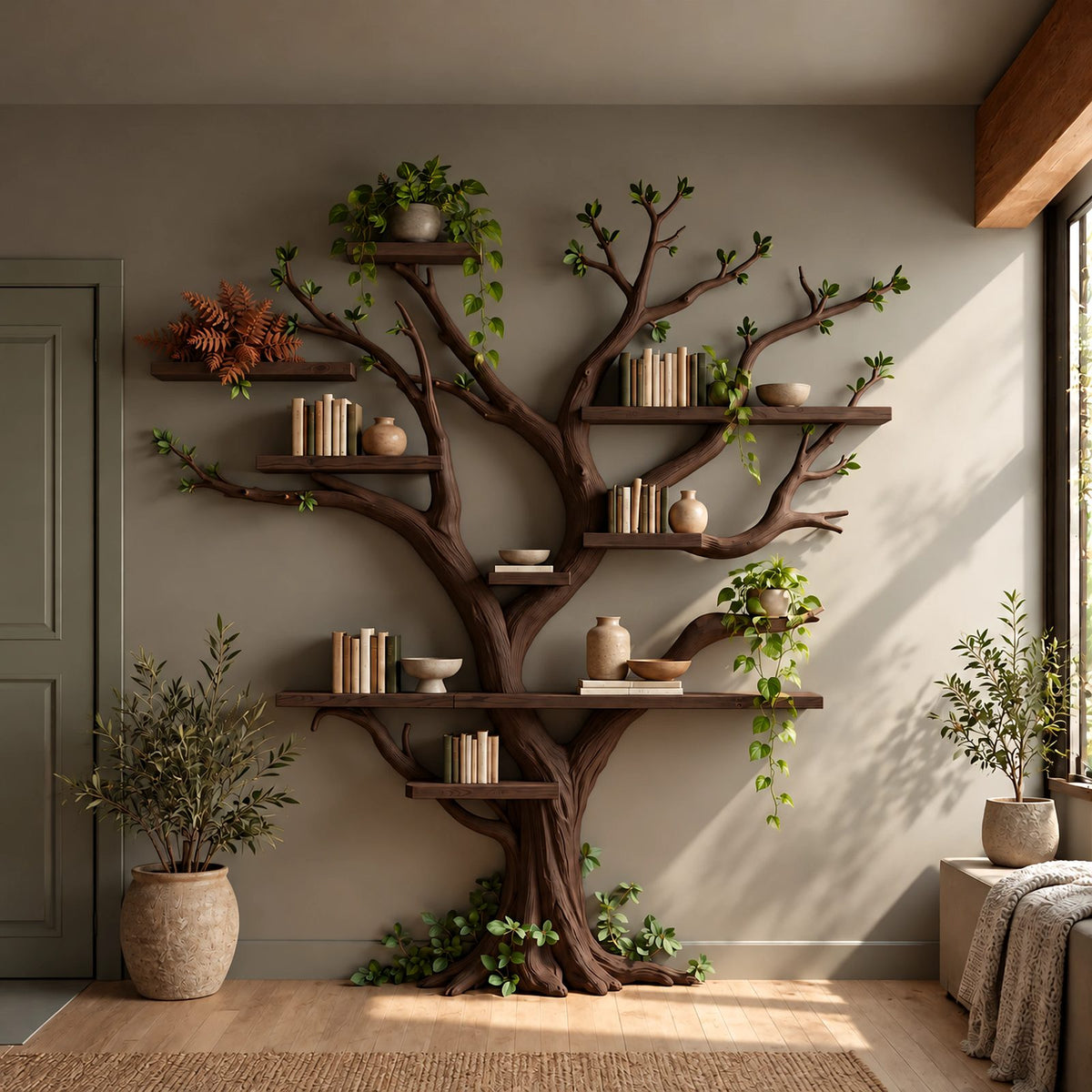 Rustic Driftwood Tree Bookshelf With Floating Branch Shelves For Living Room