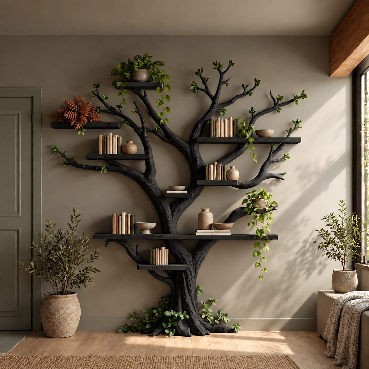 Rustic Driftwood Tree Bookshelf With Floating Branch Shelves For Living Room