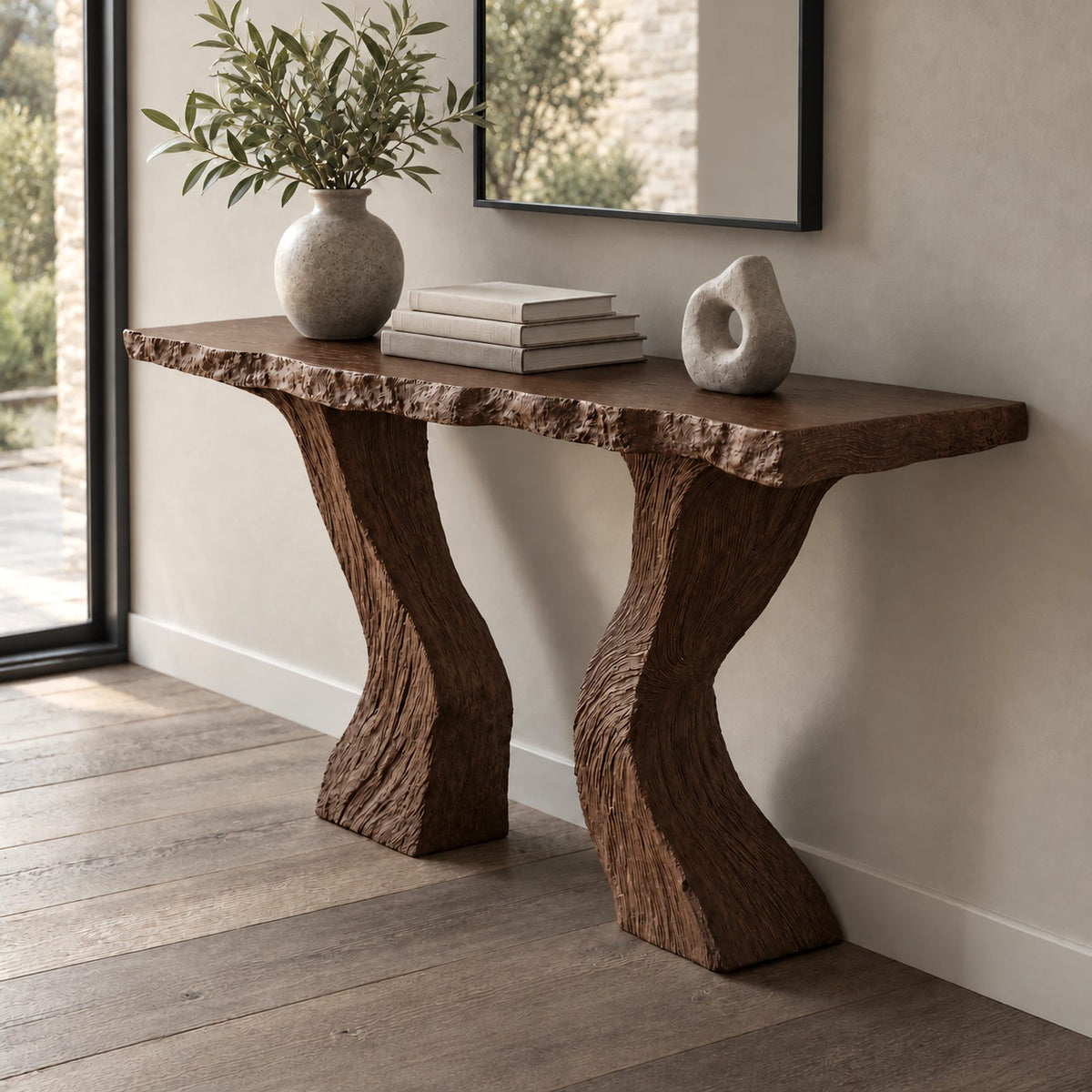 Contemporary Carved Console Table With Hourglass Legs For Entryway