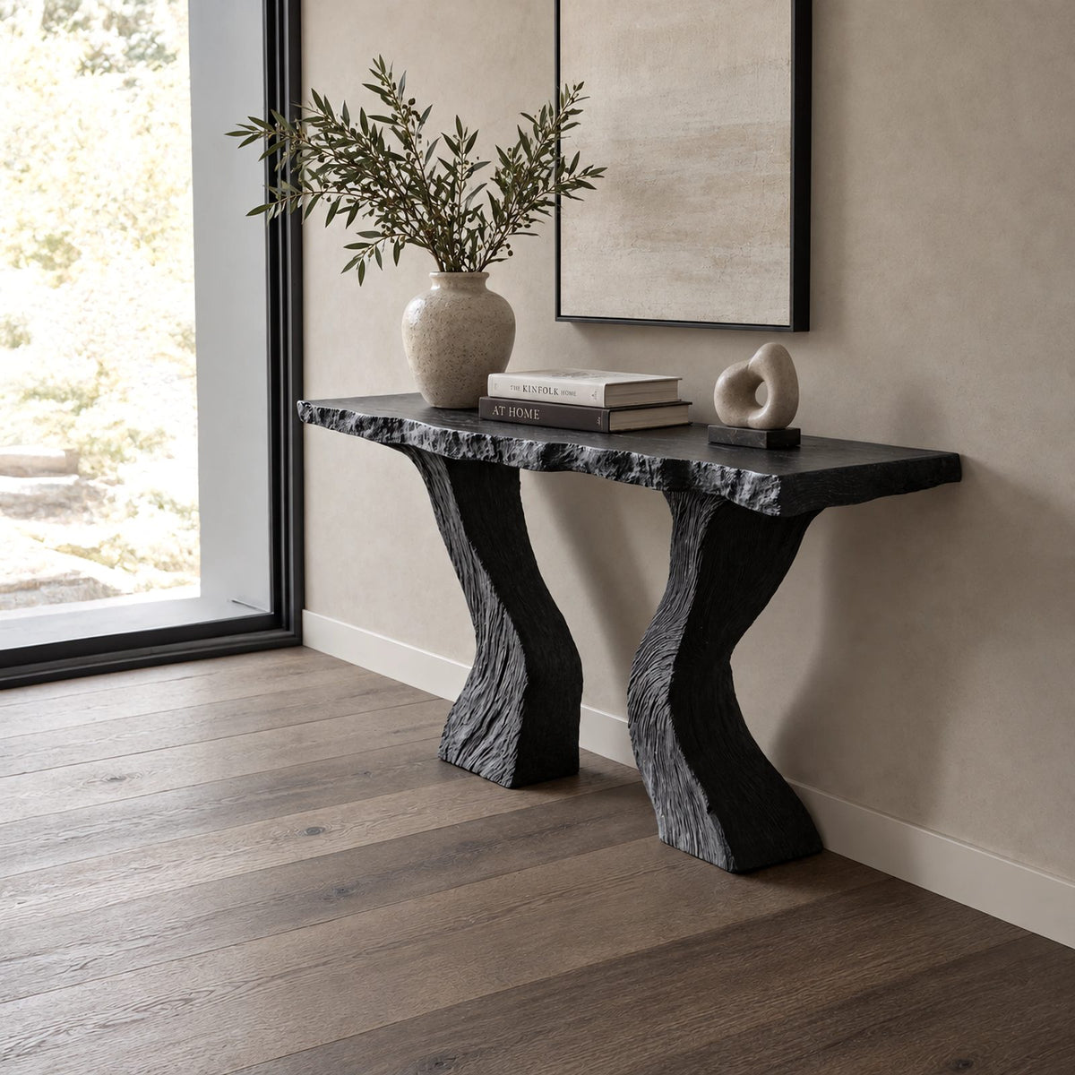 Contemporary Carved Console Table With Hourglass Legs For Entryway