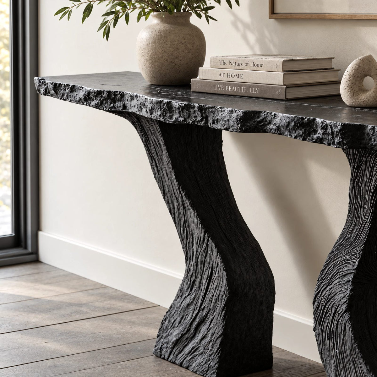 Contemporary Carved Console Table With Hourglass Legs For Entryway