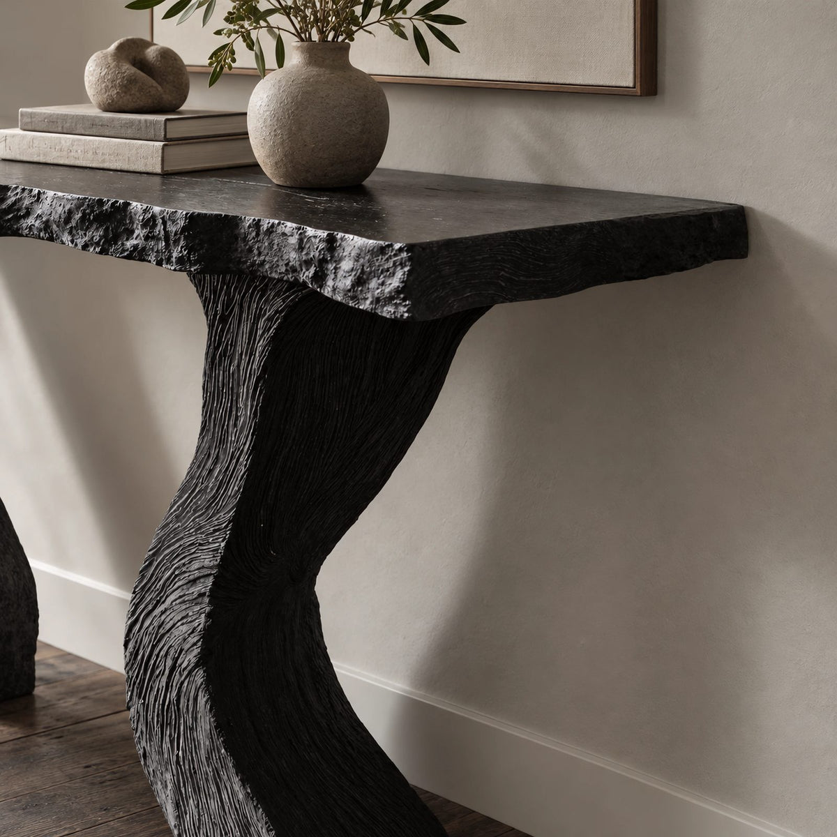 Contemporary Carved Console Table With Hourglass Legs For Entryway