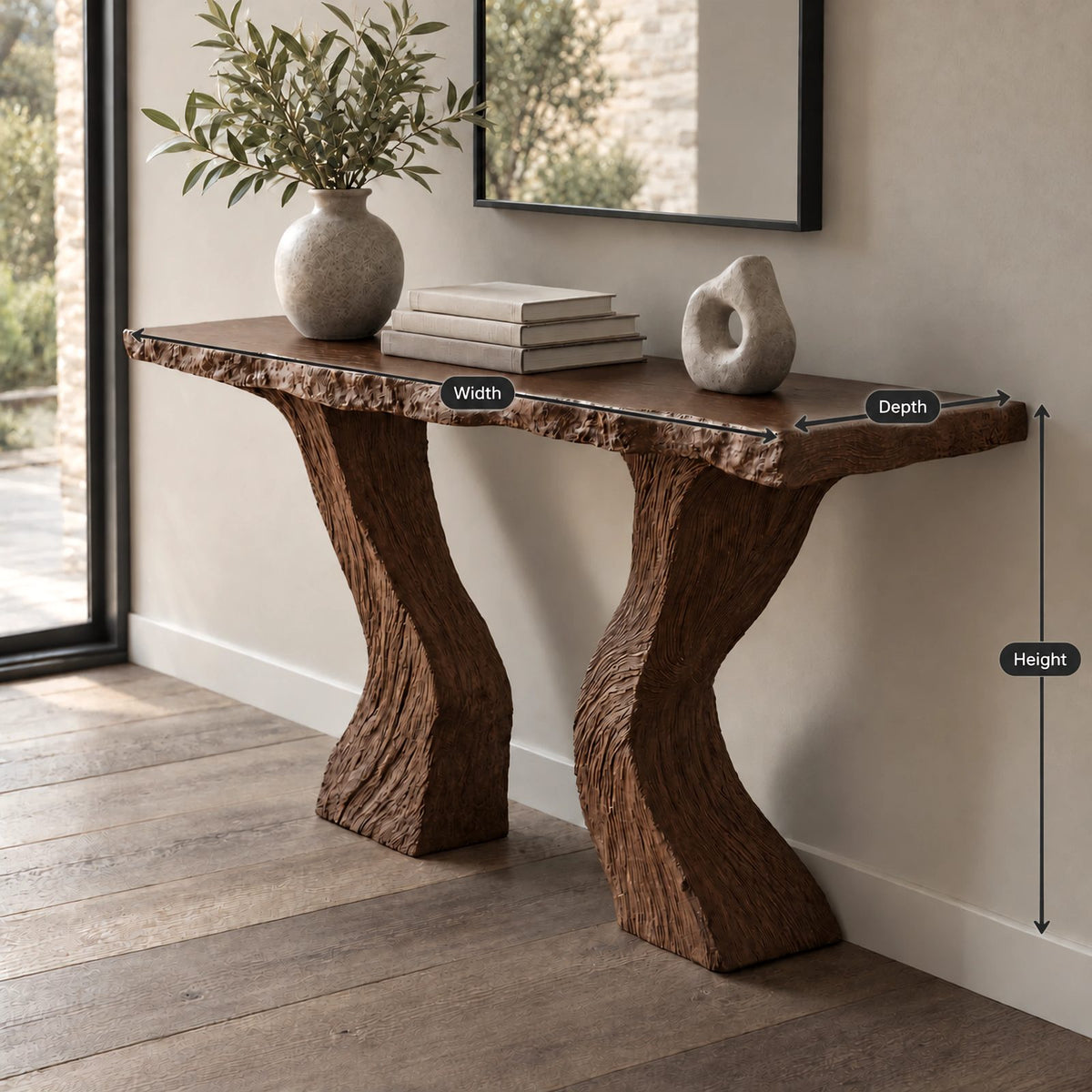 Contemporary Carved Console Table With Hourglass Legs For Entryway