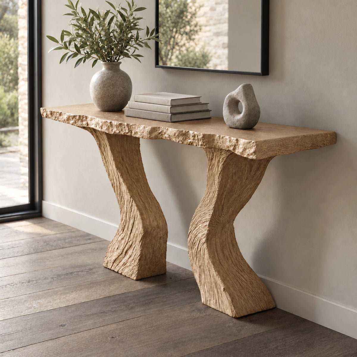 Contemporary Carved Console Table With Hourglass Legs For Entryway