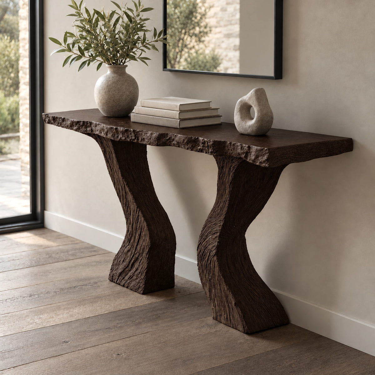 Contemporary Carved Console Table With Hourglass Legs For Entryway