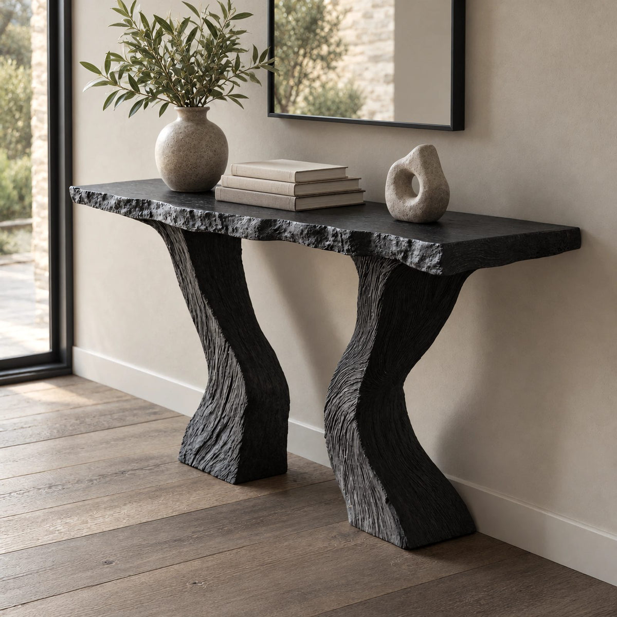 Contemporary Carved Console Table With Hourglass Legs For Entryway