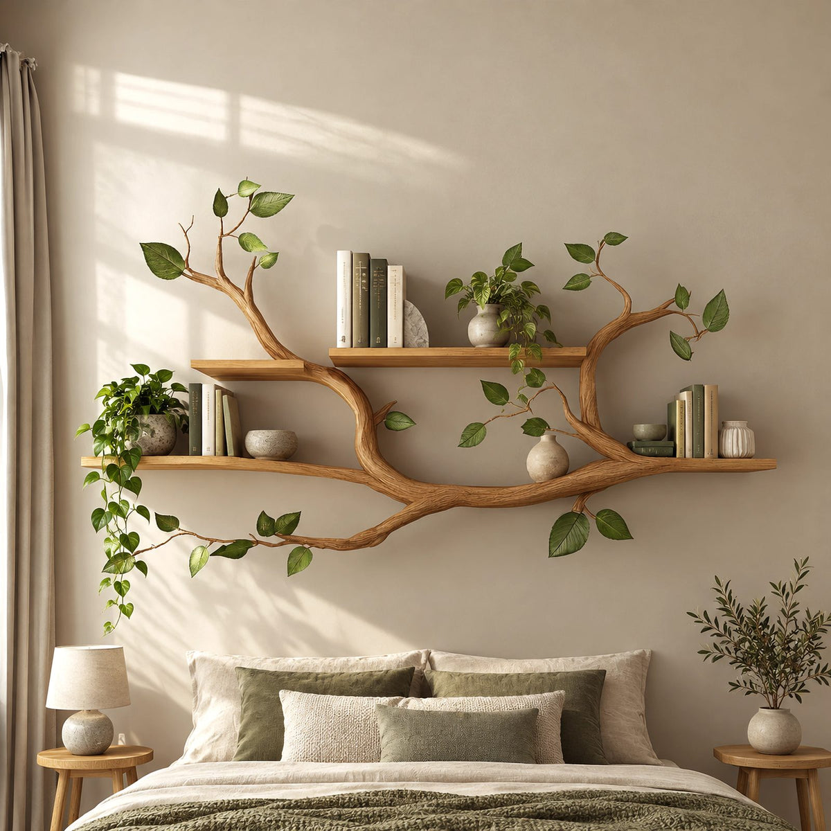 Scandinavian Tree Branch Wall Shelf With 2 Tier Display For Bedroom