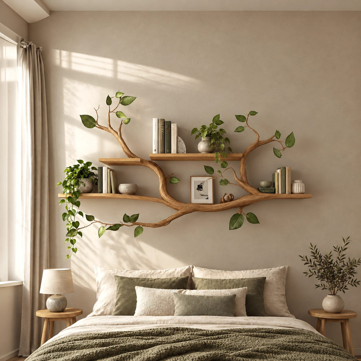 Scandinavian Tree Branch Wall Shelf With 2 Tier Display For Bedroom