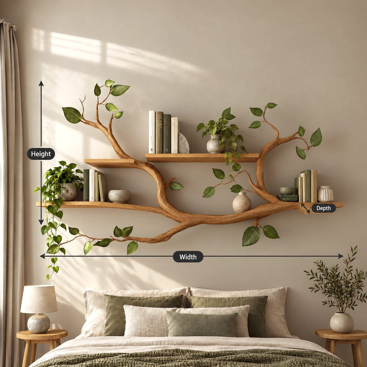 Scandinavian Tree Branch Wall Shelf With 2 Tier Display For Bedroom