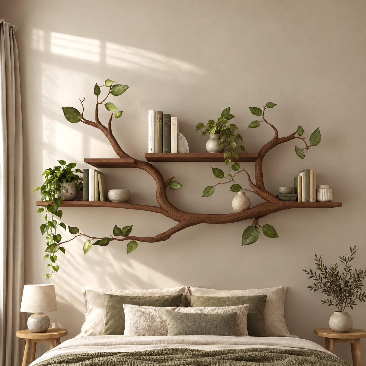 Scandinavian Tree Branch Wall Shelf With 2 Tier Display For Bedroom