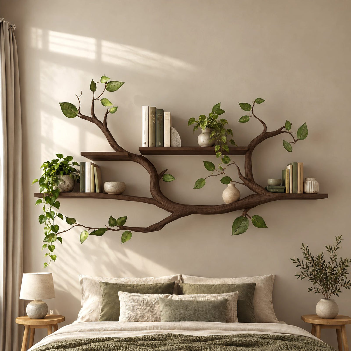 Scandinavian Tree Branch Wall Shelf With 2 Tier Display For Bedroom