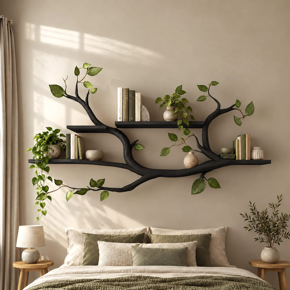 Scandinavian Tree Branch Wall Shelf With 2 Tier Display For Bedroom