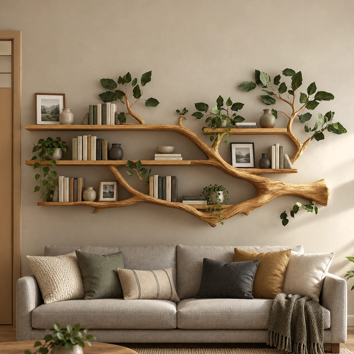 Organic Tree Branch Floating Shelf With 3 Tiers For Living Room