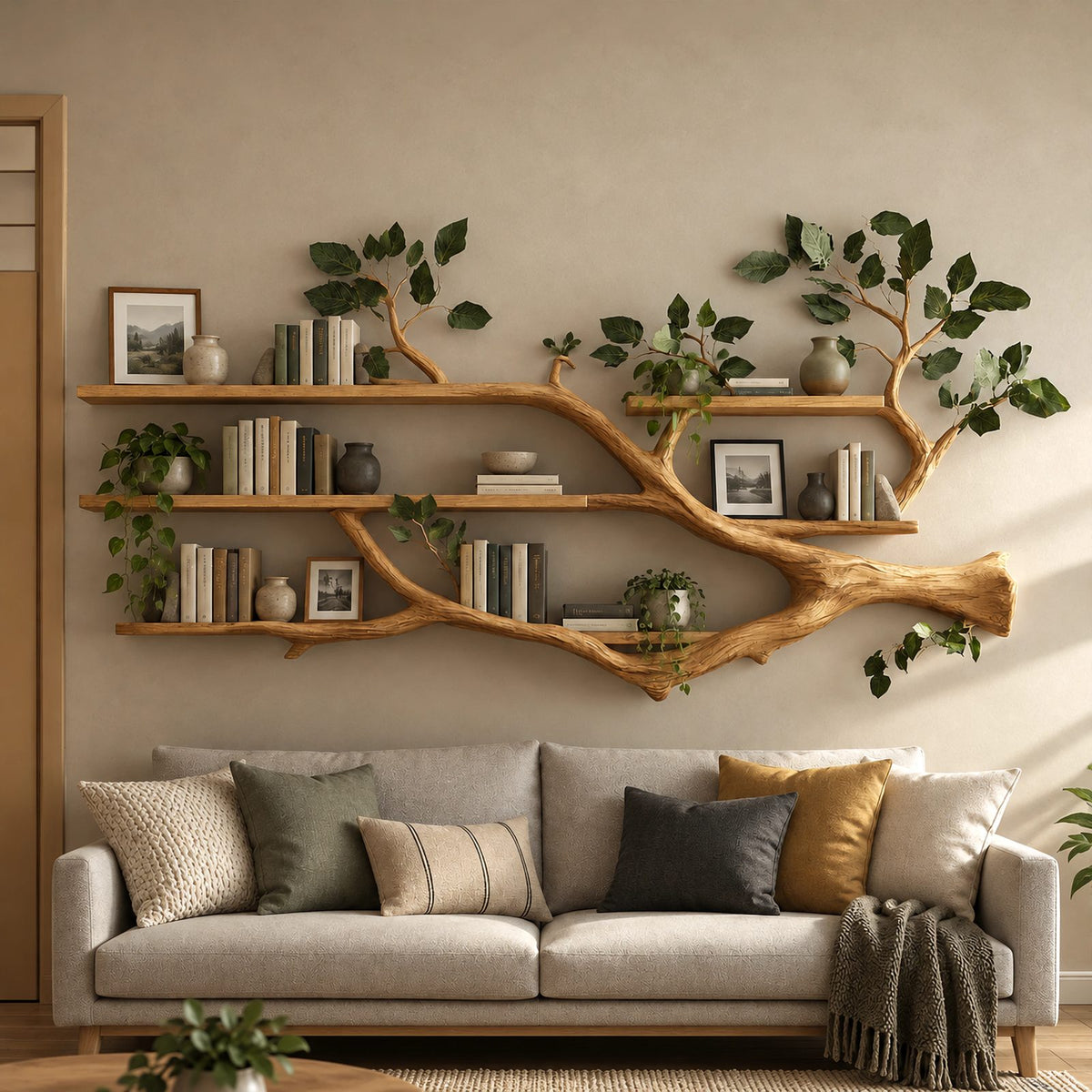 Organic Tree Branch Floating Shelf With 3 Tiers For Living Room