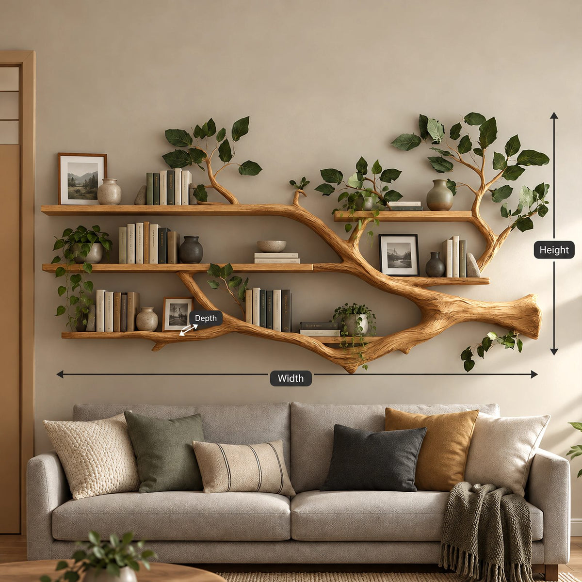 Organic Tree Branch Floating Shelf With 3 Tiers For Living Room