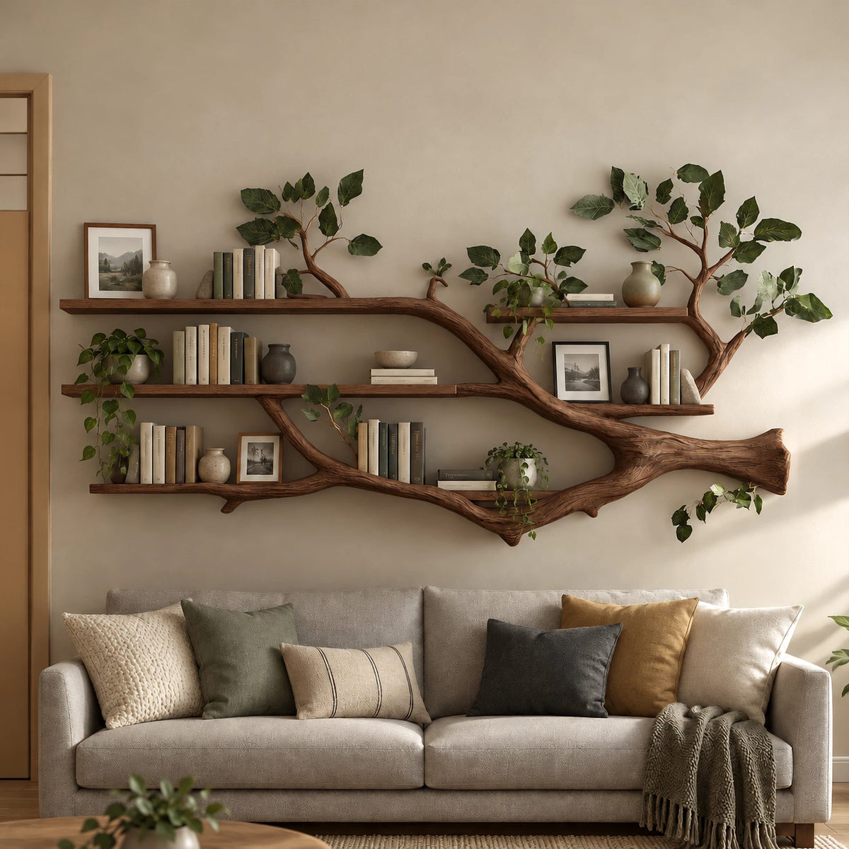 Organic Tree Branch Floating Shelf With 3 Tiers For Living Room