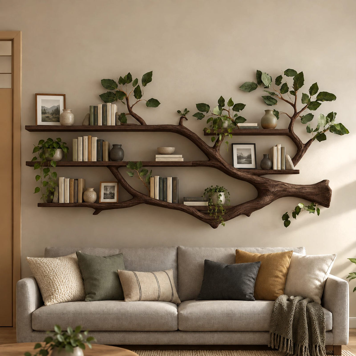 Organic Tree Branch Floating Shelf With 3 Tiers For Living Room